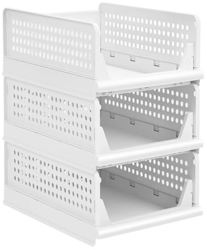 Caja de almacenamiento apilable para ropa, edredones y juguetes, organizador para armario, cajonera de plástico, cajón, armario, 33,5 x 43 x 42 cm, 3 (1 unidad), color blanco