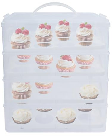 WindWilder 48 Cupcake-Träger mit 4 Etagen, 35.5x25.5x39.5cm, Stapelbare Cupcake Transportbox aus Kunststoff, Kuchenbehälter Wiederverwendbarer, Display-Halter, Klar + Weiß