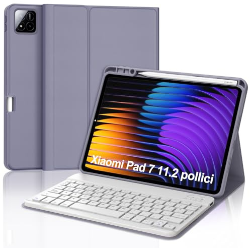 WAVATA Funda con Teclado para Xiaomi Pad 7/ Pad 7 Pro 11.2, Teclado Español Ñ para Xiaomi 7 11.2-Inch 2024, Teclado Bluetooth Desmontable- Púrpura