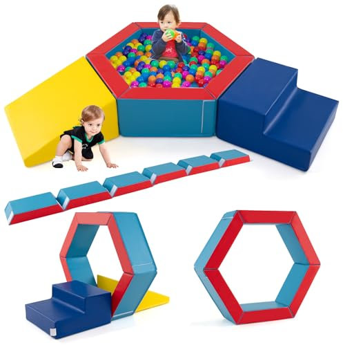 GYMAX Soft Play Equipment, 3 Pieces Kids Activity Set with Ball Pit, Baby Soft Foam Blocks Interactive Toy Foam Climbing Block Play Set for Toddlers (Blue+yellow+red)