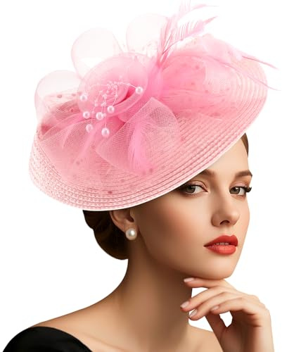 DRESHOW Meshblomma med Pärlfjäderfascinatorhatt på Ett Pannband och En Gaffelklämma Cocktail Tea Party Huvudbonader för Flickor och Kvinnor Noble Kentucky Hat