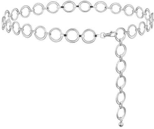 Alaoo Metall Kettengürtel, Damen Gürtel, Western-Cowgirl-Kleidergürtel, Metall-O-Ring-Kettengürtel, 135CM Silber Verstellbare Taillenkette Hüftkette für Kleider und Jeans (E)