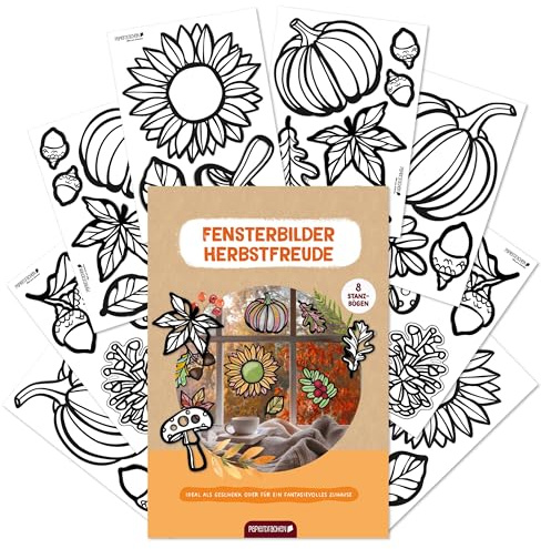 Papierdrachen Fensterbilder zum Ausmalen - Kürbis, Blätter, Pilze - 8 Motive - Herbst Bastelset - Fensterbilder zum Ausmalen - Transparentpapier in 6 Farben - kreativ - DIY