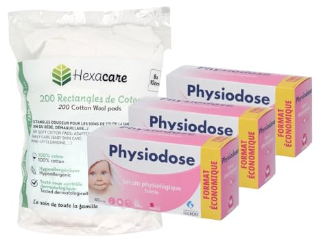 Pack Physiodose 3 + 1 | Gilbert 3 Physiologisches Serum 40 x 5 ml + 200 Rechteckige Wattepads Hexacare 8 x 10 cm | tägliche Hygiene Baby | Sparformat