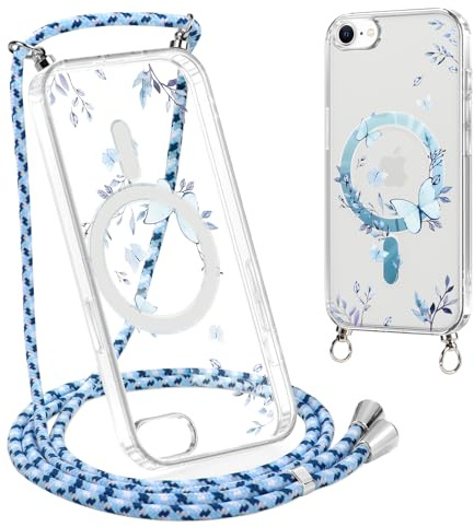 Xylota Handyband für iPhone 7/8/SE 2022/SE 2020 Hülle mit Band [Kompatibel mit MagSafe], Transparent Magnetisch Handyhülle mit Kordel, Aesthetic Muster Schutzhülle für iPhone 8,Schmetterling 02
