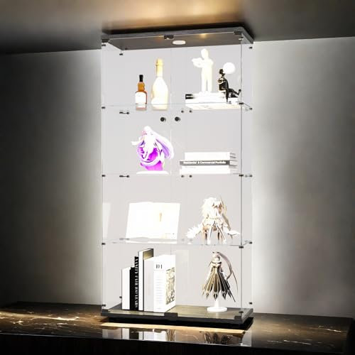 Poeahu vitrinskåp av glas, stående vitrinskåp med lås och LED-belysning, skåp för samling med 2 dörrar 4 hyllor transparent möbelvitrinskåp för vardagsrum, sovrum, kontor, svart