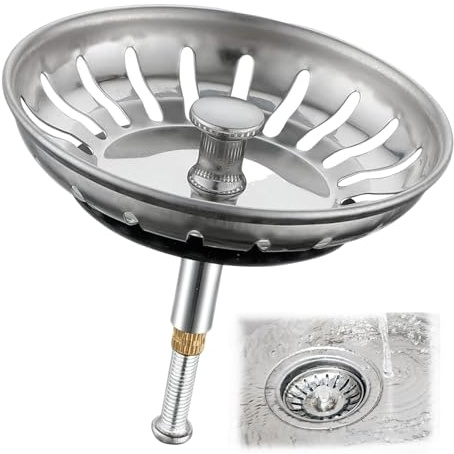 Höhenverstellbares Abflusssieb Waschbeckensieb Siebeinsatz, Siebkörbchen Abflussstopfen mit Sieb, Spülbecken Stöpsel für Spülbecken, (Silber, 82mm breit)