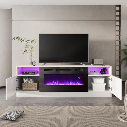 INMOZATA Electric Fire, Entertainment Center Console Table with Fireplace, 12Colors Realistic Flame Effect & 12Colors Moon Lights, Remote Control&Overheat Protection, 36 Fireplace, for 78 TV, White