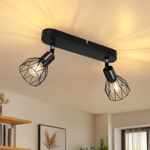 Dehobo Deckenstrahler 2 Flammig E14 Deckenlampe Schwarz Küchenlampe Decke | Deckenspots Schwarz, Metall, 350° Horizontal 90° Vertikal drehbar, Max 50 W für Wohnzimmer Schlafzimmer Ohne Leuchtmittel