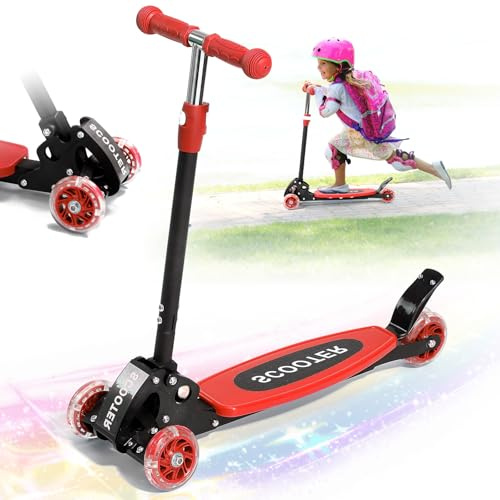 Kick Scooter for Kids Age 3-7, Light Up 3 Wheel Scooters,Lean-to-Steer,Three Adjustable Height Scooter for Kids, Wide Dual Rear Wheels,Safe Stable Ride for 3-5,5-7 Year Old Girl Boy Kid - Red