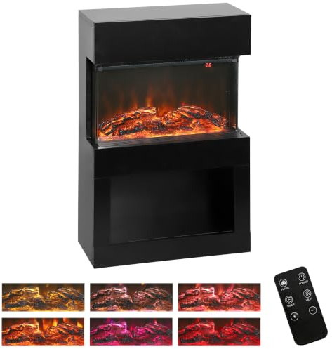 HOMCOM 19 Electric Fireplace with Surround, 3D Flame, 6 Colours Black | 3 Brightness Levels, 1000W/2000W Electric Fire and Mantel, Reach up to 30㎡ Space, Remote & Timer, 3 Sided View