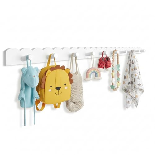 Leinuosen 1 Pack Scalloped Coat Rack Wall Mount Cute Nursery Wall Hook 31.5 Inch 8 Hooks Wood Backpack Hanger for Toddler Kids Clothes Hat Towel Keys Bathroom Classroom Playroom Nursery Decor