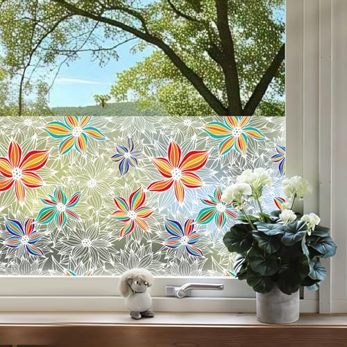 dktie Fensterfolie Weiße Durchbrochene Blumen mit Farbenfrohen Verzierungen Sichtschutzfolie, Statisch Haftende UV-Schutz und Blendschutz, Sichtschutz Getönt, Fensterdekoration 44.5x200cm