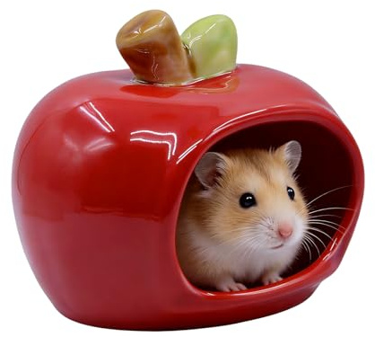 ANMOO Ceramic Hamster Hide, Cute Apple-Shaped Hamster House, Red | Hamster Cave Summer Cool Small Animal Hideout Habitat Decor for Dwarf Hamsters, Gerbils, Chinchilla, Golden Silk Bear