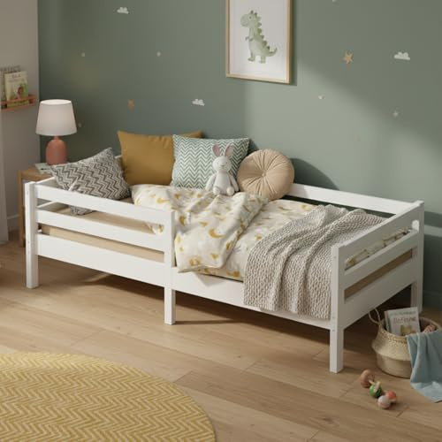 Bellabino Iskri Montessori Kinderbett 90x200 cm, Weiß, mit Rausfallschutz | Holzbett aus Kiefer Massivholz, mit Lattenrost, für Jungen & Mädchen, Kleinkindbett, Massivholzbett, Jugendbett, Kinderzimmer