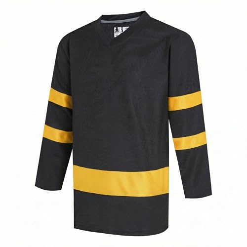 DEHANER Unisex Ice Hockey Jerseys for Men Women Boys Girls Practice Tops College Team Game Shirts Sports Uniforms Long Sleeve Yellow Stripe-Black Jersey Men Size X-Large