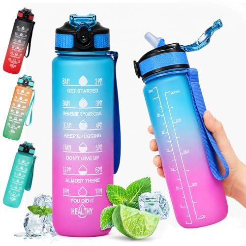 SilverChry 1 liters sportflaska med tidsmarkering och sugrör, BPA-fri, vattentät fitnessflaska med handtag, perfekt för sport och utomhusaktiviteter (blå-lila)
