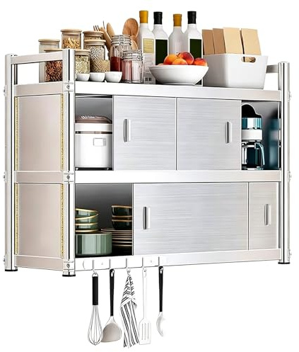 Armario Pared Colgante de Acero Inoxidable Armario de Cocina con Puertas Correderas Ahorro de Espacio Armario Metalico Garaje para Cocina Baño Balcón Jardín(50x30x90cm)
