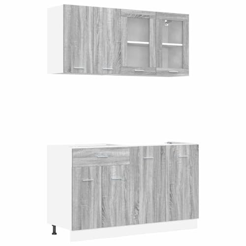 Roanoer Lyon - Juego de 4 muebles de cocina de madera gris Sonoma, incluye armario bajo con cajones, armario para fregadero y armario colgante con puertas de cristal para almacenamiento
