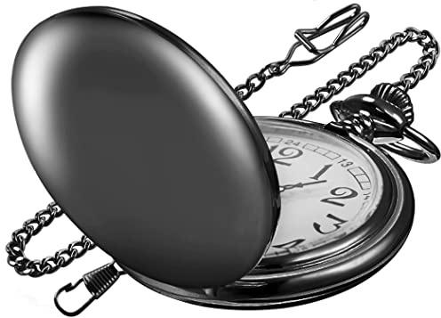 Realpoo SwitchMe Smooth Black Pocket Watch for Men Quartz Arabic Digital Dial with Chain,Smooth Quartz Men's Pocket Watch for Father's Day Christmas Gift - Black