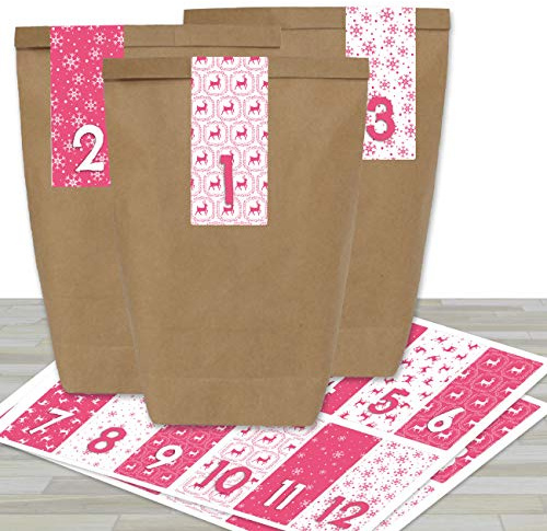 Papierdrachen Adventskalender zum Befüllen - mit 24 braunen Papiertüten und 24 rosa farbigen Aufklebern - zum Selbermachen und Basteln - Mini Set Nr 36 - Weihnachtskalender für Kinder