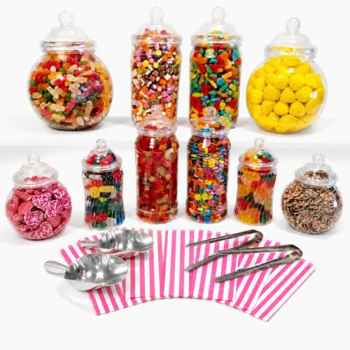 LARGE 10 MIXED Plastic Sweet Jars, 2 Tongs, 2 Scoops, 100 Bags - Vintage Victorian Pick & Mix Sweet Shop Candy Buffet Kit Party Pack (Pink)
