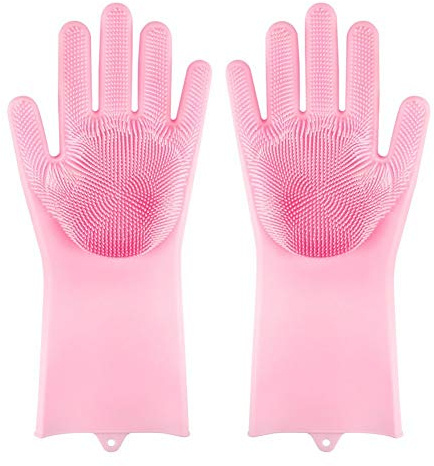 ele ELEOPTION Silicone Gloves, Dishwashing Gloves, Brushed Gloves, Heat Resistant Gloves Scrubber Household Cleaning Glove, Dishwashing, Car Wash, Animal Care (Pink)