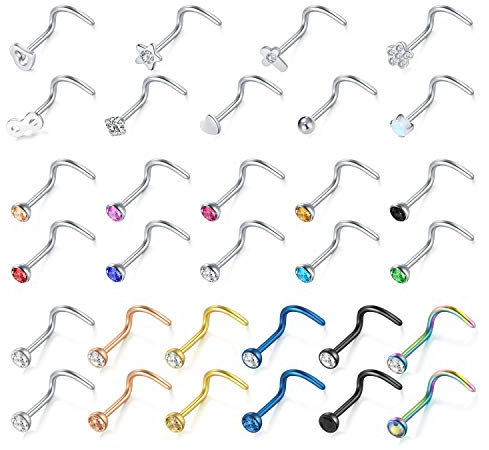 Zolure 20G Edelstahl Nasenpiercing 31stk Nasenstecker Piercing Zirkonia Spirale Nase Stecker Set