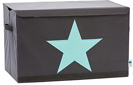 LOVE IT STORE IT Aufbewahrungsbox mit Deckel groß - Spielzeugkiste aus Stoff - Verstärkt mit Holz - Abwaschbar - Grau mit grünem Stern - 62x38x39 cm