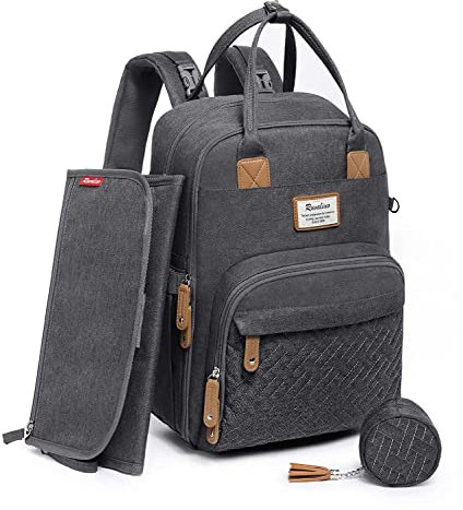 RUVALINO Baby Wickelrucksack Wickeltasche Rucksack mit tragbarer Wickelauflage, Schnullerhalter und Kinderwagengurten, Babytasche Multifunktional für Mama und Papa, Dunkelgrau