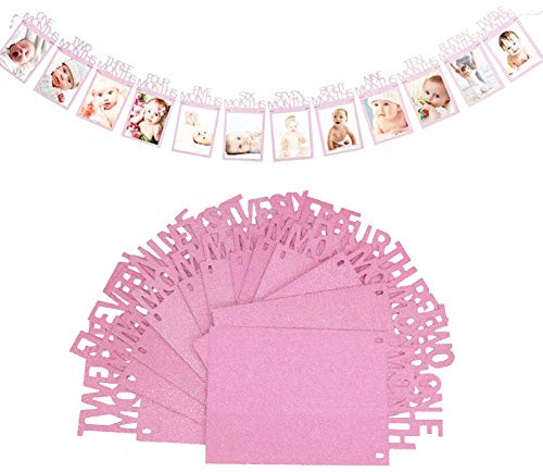 DEEDPF Baby-Foto-Banner zum 1. Geburtstag, Party-Dekoration, Foto-Banner, Wimpelkette, Girlande für 1 bis 12 Monate, Dekoration zum ersten Geburtstag (Roségold)