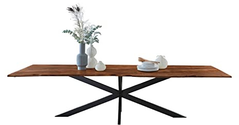 SAM Baumkantentisch 240 x 100 cm Kalea, Akazienholz nussbaumfarben & massiv, Esstisch mit schwarzem Spider-Metallgestell, Tischplatte 26 mm, Esszimmertisch, Industrial-Design