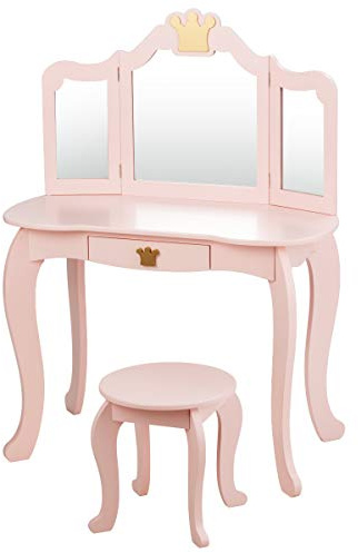 RELAX4LIFE Tavolo Toeletta Trucco per Bambini, Set Mobile 2 in 1 Scrivania con Cassetto e Sgabello, Specchio a 3 Lati Smontabile, Sicurezza Anti Ribaltamento, 79,7 x 42,2 x 106,2 cm (Rosa)
