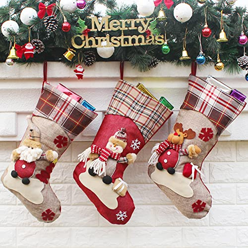 Nikolausstrumpf Set 3er Set Weihnachtsstrumpf Kamin 46cm Nikolausstiefel zum Befüllen Schneemann Elch Santa Weihnachtssocken zum Aufhängen für Familiendekorationen Hängendes Ornament (rot und braun)
