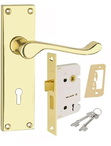 HANDLESTORE Victorian Scroll Locking Lever Door Handle on Backplate – Polished Brass Interior Handles with 2.5 Mortice Sash Lock & Screws (Pair)