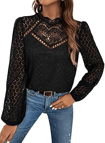 GORGLITTER Damblusar, spets, topp, skjortblus, långärmad, spetsblus, svart, XS
