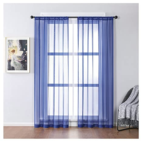 KnBoB Gardinen Transparent 2er Set, Polyester Dunkelblau Einfarbig Fenster Vorhänge mit Stangendurchzug Voile Gardinen 137 x 244 cm