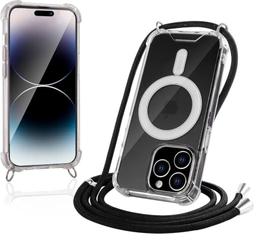 JProtect für iPhone 14 Pro Max Hülle mit Band und MagSafe – Magnetische Handykette für iPhone 14 Pro Max Magnet – Durchsichtige Umhängehülle Band Schwarz – Kette Handyhülle für MagSafe Zubehör