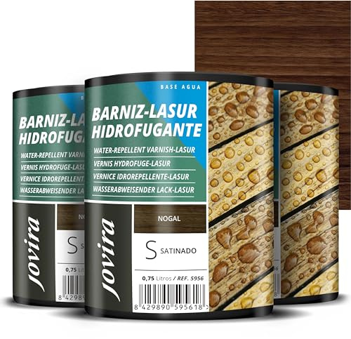 JOVIRA PINTURAS BARNIZ-LASUR Hidrofugante Protector Satinado al Agua. Protege, decora y embellece todo tipo de madera con efecto perlado. (3X750 Mililitros, Nogal) E-33-3