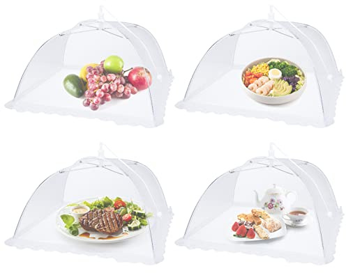 Heveer Mesh Fliegenhaube Faltbare Abdeckhaube für Essen Weiß Faltbare Abdeckhauben für Essen Obst Picknick BBQ 4 Stück 33x33cm