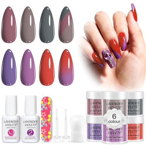Lavender Violets 6 Farben Dip-Pulver-System French Nagelkunst Maniküre Dipping Powder Nagelpuder 2 in 1 Basis & Top Coat Aktivator Nagelbürste Nagelfeile lila grün sanftes Licht Matteffekt M216