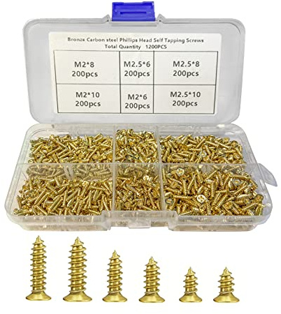 SyiXute 1200 Pièces Petites Vis Autotaraudeuses,Petites Vis à Bois M2/M2,5,Autotaraudeuse Tête Plate Croisée Petites Vis 6mm/8mm/10mm pour Fixation et Réparation (Golden)
