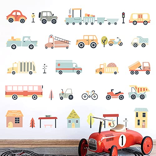 Removable Houses Vehicles Wall Decals for Kids Room Wall Decor Colorful Transports Vehicle Cars Wall Stickers Peel and Stick Kids Decals for Boys Children's Room Nursery Bedroom Bathroom Decor
