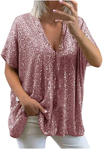 Trendige Pailletten Oberteile für Damen Oversize Lockerer Pullover Sexy V-Ausschnitt T-Shirt Einfarbiges Pulli-Shirt mit kurzen Ärmeln Lose Tunika Bluse Longshirt Lang Pullover Übergröße Longtops