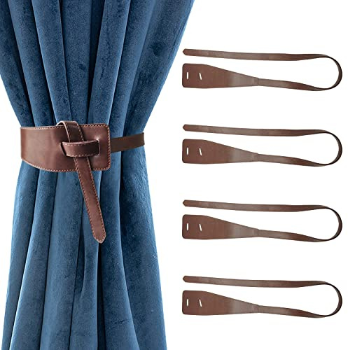 Juego de 4 Ganchos Alzapaños Colgadores de Piel Sintética con Hebilla para Cortina, Lazos Clásicos para Cortina, para el Hogar, la Oficina, la Sala de Estar, la Ventana (Café)