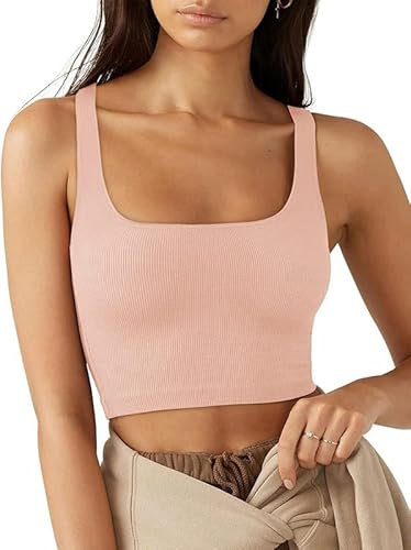 Rongseng Mujer Camiseta sin Mangas Sexy Crop Top Cuello Cuadrado Verano Deportivas Tank Tops Moda Casual Corto Chaleco Básicas Camistas para Gimnasio Entrenamiento