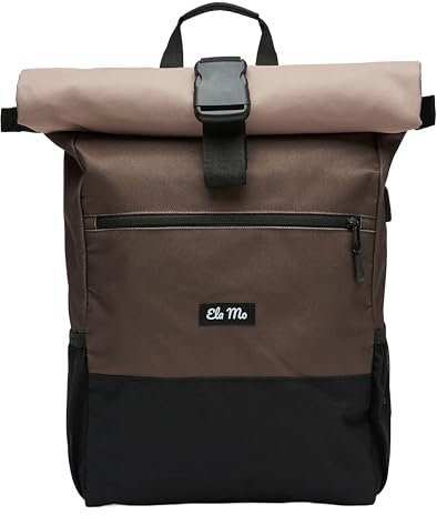 Ela Mo Rucksack Damen - Rolltop schön u. durchdacht - Laptop Rucksäcke für Frauen - Anti Diebstahl Tasche für Schule, Uni, Business (Sand & Olive)