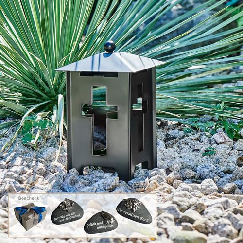 Henecka Grablaterne • Grablampe • 220 mm Hoch • Schwarz • Kreuzdekor • Friedhofslaterne Grablicht Grabschmuck Grableuchte • Laterne für Friedhof,ohne Glaseinsatz