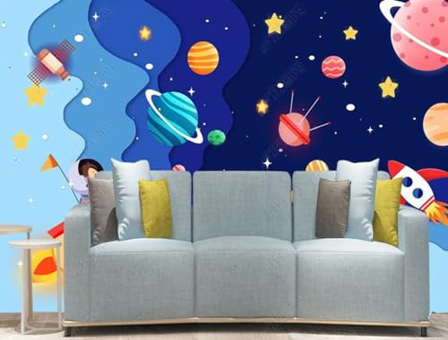 Fototapete 3D Effekt 3D Tapete Cartoon-Weltraum-Planet-Rakete-Sternenhimmel-Kinderzimmer Fototapete Wandgemälde Vlies Wohnzimmer Schlafzimmer Flur Wanddekoration 450(W) X315(H) Cm