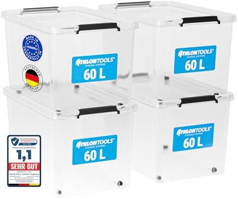 ATHLON TOOLS 4er Set 60l Aufbewahrungsboxen mit Deckel - BPA-freie & lebensmittelechte Aufbewahrungsbox mit Verschlussclips - 100% Neumaterial - Plastikbox transparent - Stapelbare Kunstoff Box